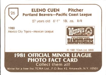 1981 TCMA Portland Beavers #26 Eleno Cuen Back