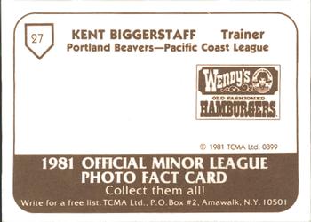 1981 TCMA Portland Beavers #27 Kent Biggerstaff Back