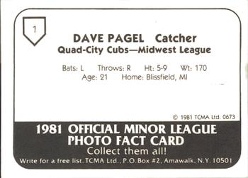 1981 TCMA Quad City Cubs #1 Dave Pagel Back