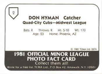 1981 TCMA Quad City Cubs #2 Don Hyman Back