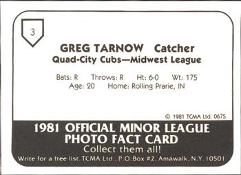 1981 TCMA Quad City Cubs #3 Greg Tarnow Back