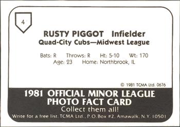 1981 TCMA Quad City Cubs #4 Rusty Piggott Back