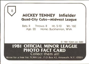 1981 TCMA Quad City Cubs #8 Mickey Tenney Back