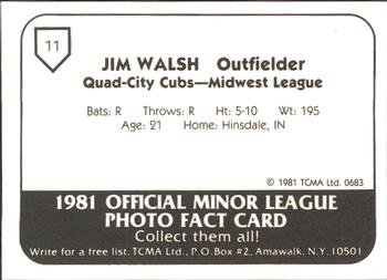 1981 TCMA Quad City Cubs #11 Jim Walsh Back