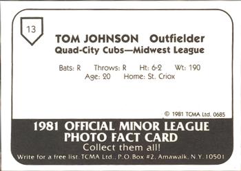 1981 TCMA Quad City Cubs #13 Tom Johnson Back