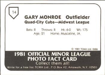 1981 TCMA Quad City Cubs #14 Gary Monroe Back