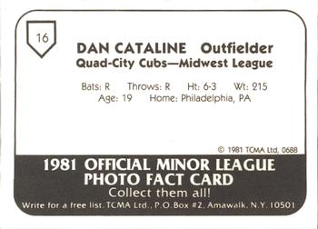 1981 TCMA Quad City Cubs #16 Dan Cataline Back