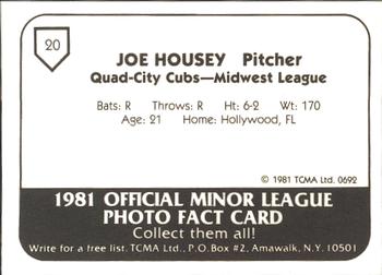 1981 TCMA Quad City Cubs #20 Joe Housey Back