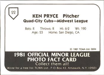 1981 TCMA Quad City Cubs #22 Ken Pryce Back