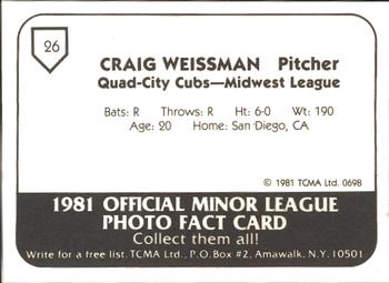 1981 TCMA Quad City Cubs #26 Craig Weissmann Back