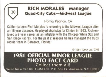 1981 TCMA Quad City Cubs #30 Rich Morales Back