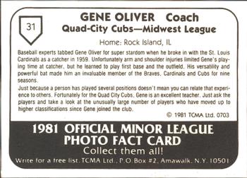 1981 TCMA Quad City Cubs #31 Gene Oliver Back