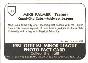 1981 TCMA Quad City Cubs #33 Mike Palmer Back