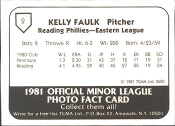 1981 TCMA Reading Phillies #2 Kelly Faulk Back