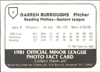 1981 TCMA Reading Phillies #4 Darren Burroughs Back