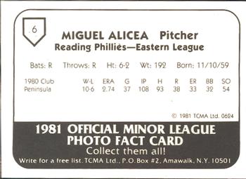 1981 TCMA Reading Phillies #6 Miguel Alicea Back