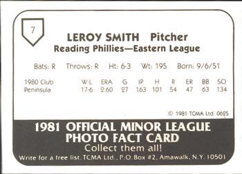 1981 TCMA Reading Phillies #7 Leroy Smith Back