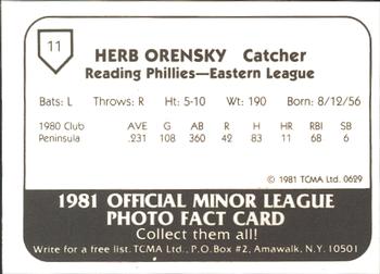 1981 TCMA Reading Phillies #11 Herb Orensky Back