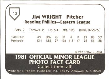 1981 TCMA Reading Phillies #13 Jim Wright Back