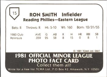 1981 TCMA Reading Phillies #15 Ron Smith Back