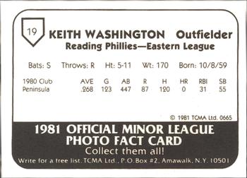 1981 TCMA Reading Phillies #19 Keith Washington Back