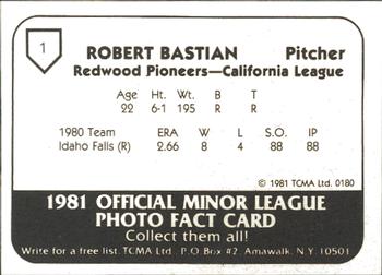1981 TCMA Redwood Pioneers #1 Robert Bastian Back