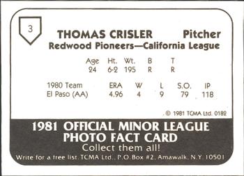 1981 TCMA Redwood Pioneers #3 Tom Crisler Back