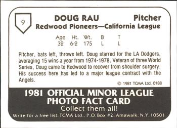 1981 TCMA Redwood Pioneers #9 Doug Rau Back