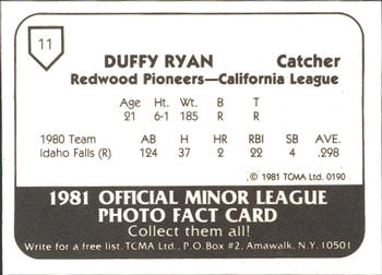 1981 TCMA Redwood Pioneers #11 Duffy Ryan Back