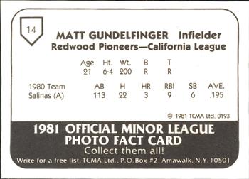 1981 TCMA Redwood Pioneers #14 Matt Gundelfinger Back