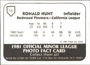 1981 TCMA Redwood Pioneers #15 Ron Hunt Back