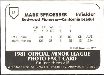 1981 TCMA Redwood Pioneers #18 Mark Sproesser Back