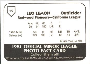 1981 TCMA Redwood Pioneers #19 Leo Lemon Back
