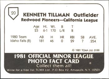 1981 TCMA Redwood Pioneers #20 Ken Tillman Back