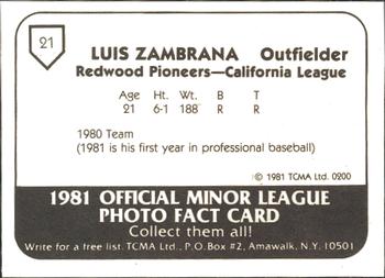 1981 TCMA Redwood Pioneers #21 Luis Zambrana Back
