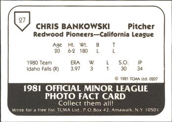 1981 TCMA Redwood Pioneers #27 Kris Bankowski Back