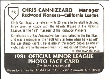 1981 TCMA Redwood Pioneers #28 Chris Cannizzaro Back