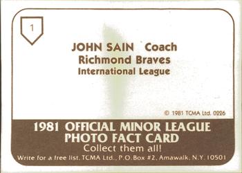 1981 TCMA Richmond Braves #1 John Sain Back