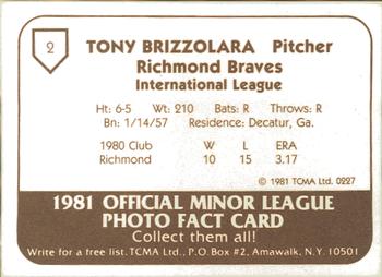 1981 TCMA Richmond Braves #2 Tony Brizzolara Back