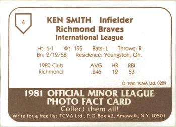 1981 TCMA Richmond Braves #4 Ken Smith Back