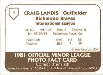 1981 TCMA Richmond Braves #5 Craig Landis Back