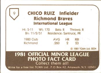 1981 TCMA Richmond Braves #9 Chico Ruiz Back