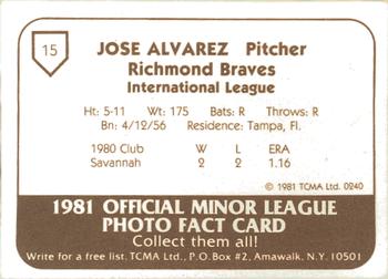 1981 TCMA Richmond Braves #15 Jose Alvarez Back