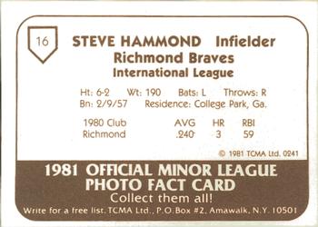 1981 TCMA Richmond Braves #16 Steve Hammond Back