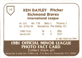 1981 TCMA Richmond Braves #19 Ken Dayley Back