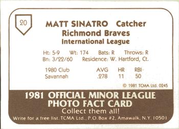 1981 TCMA Richmond Braves #20 Matt Sinatro Back