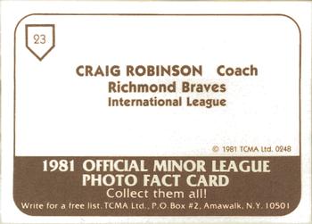 1981 TCMA Richmond Braves #23 Craig Robinson Back