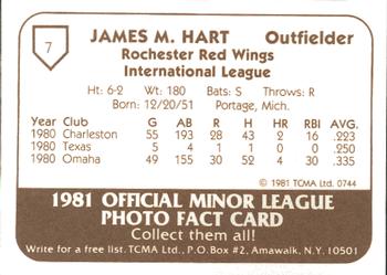 1981 TCMA Rochester Red Wings #7 Mike Hart Back