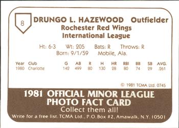 1981 TCMA Rochester Red Wings #8 Drungo Hazewood Back