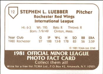1981 TCMA Rochester Red Wings #12 Steve Luebber Back